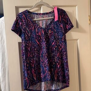 Lilly Pulitzer Pink and Blue Leaf Print Short Sleeve Top